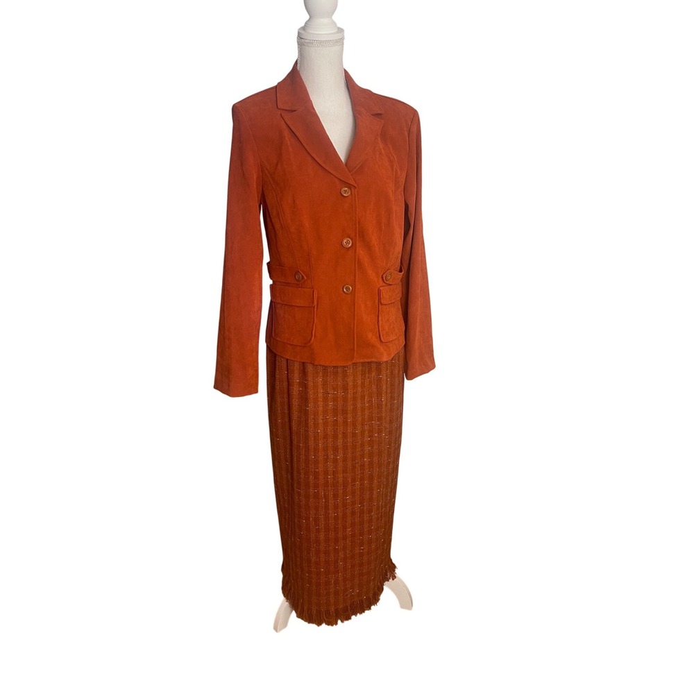 Sag Harbor Rust‎ Suede Blazer Fringe Skirt Set Fall Chic Officecore Size 10